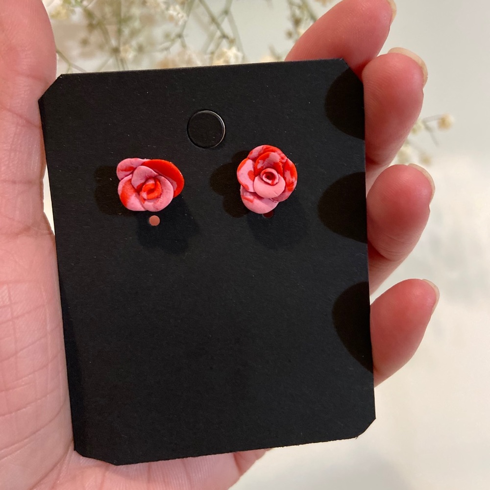 Handmade Pink & Red Rose Earrings With Gold Stud